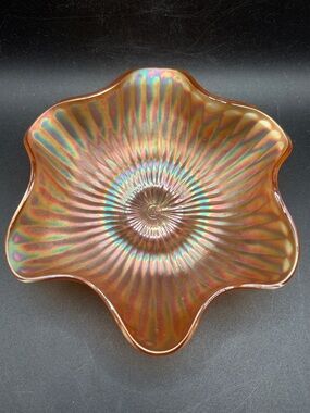 Northwood Vintage Marigold Orange Carnival Glass Ribbed Ruffled Edge Bowl